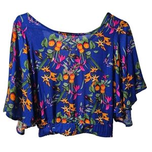 OLILI Hawaiian Floral Blue Women's Crop Top Size Small With Open Lace Trim Back
